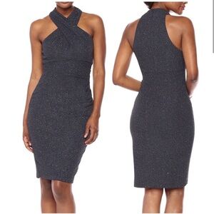 Eliza J‎ Shimmer Black twist halter ruched mini dress size 2